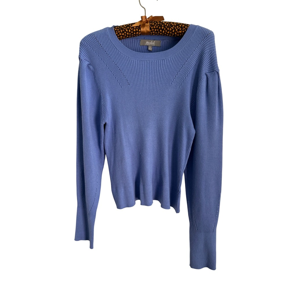 Marled Reunited Clothing Blue Ribbed Knit Puff Shoulder Sweater Womens Medium